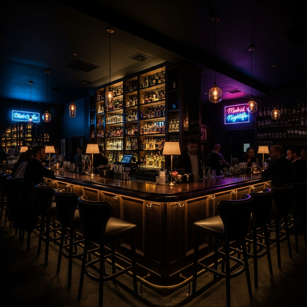 wide shot of a dark moody cocktail bar interior, neon signage, leather stools, backlit bottles on shelves, Madrid nightlife