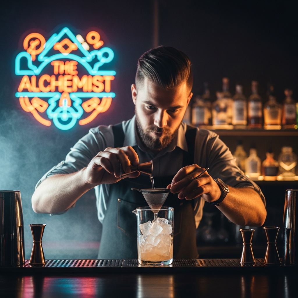 bartender crafting cocktail in dark bar, dramatic lighting, smoke or mist effect, neon backdrop, editorial photography