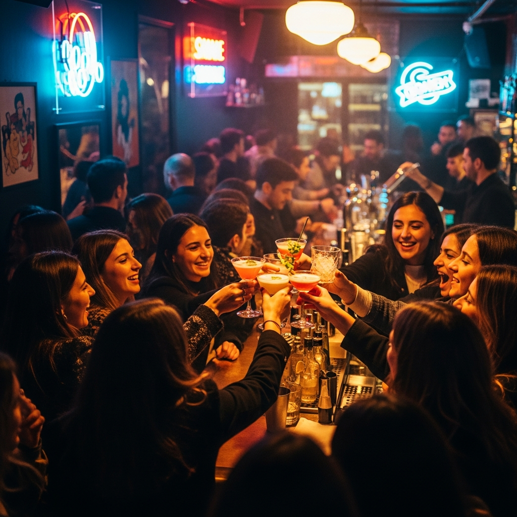 lively cocktail bar crowd at night, neon lights, people toasting, dark ambient atmosphere, Malasaña Madrid vibe