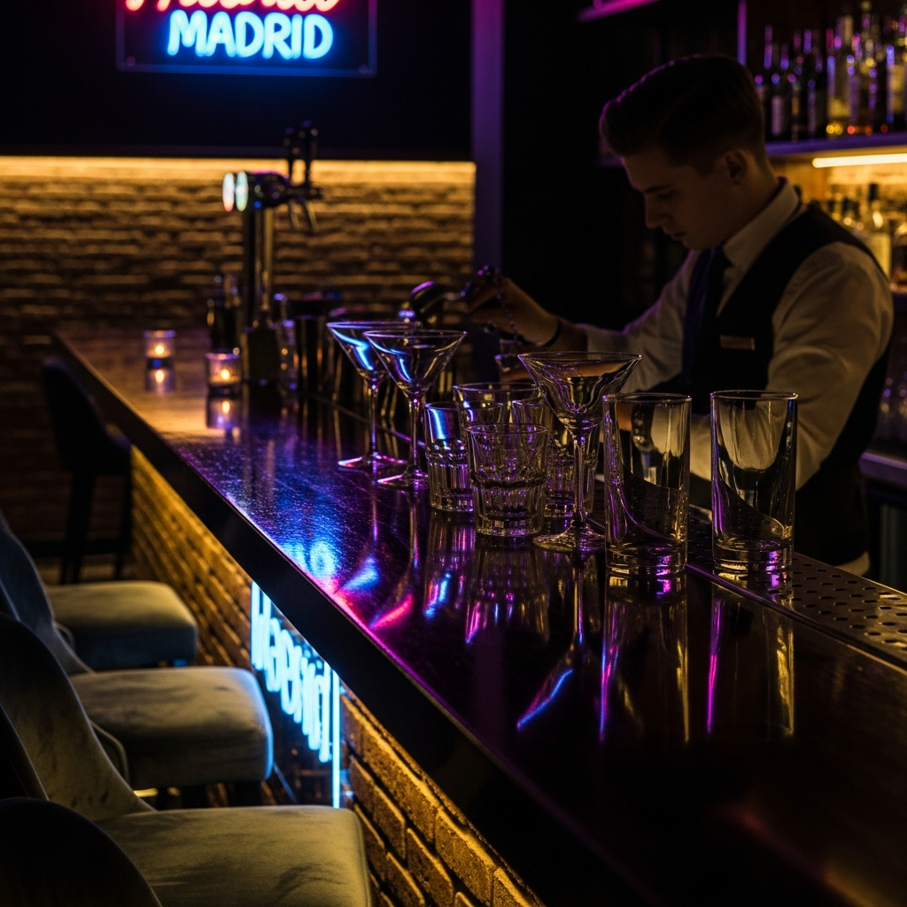 moody dark cocktail bar interior at night, neon lights reflecting off glassware, intimate low lighting, editorial style, Madrid nightlife