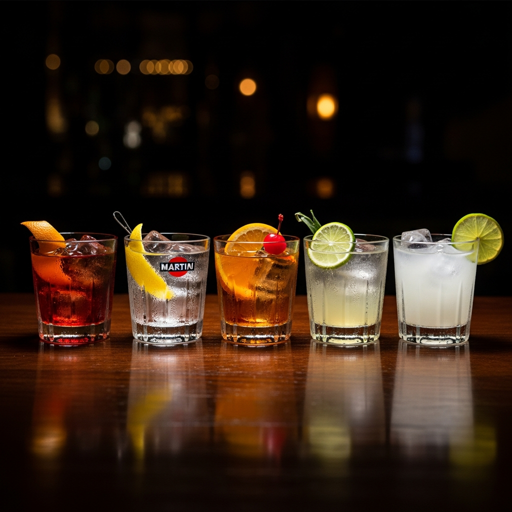 row of classic cocktail glasses on a dark bar, moody lighting, ice and citrus garnishes, editorial nightlife photography