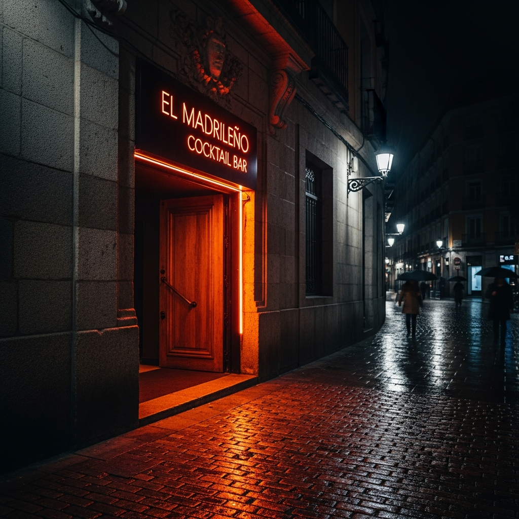 cocktail bar entrance at night dark moody neon sign above door Madrid street cobblestone warm glow