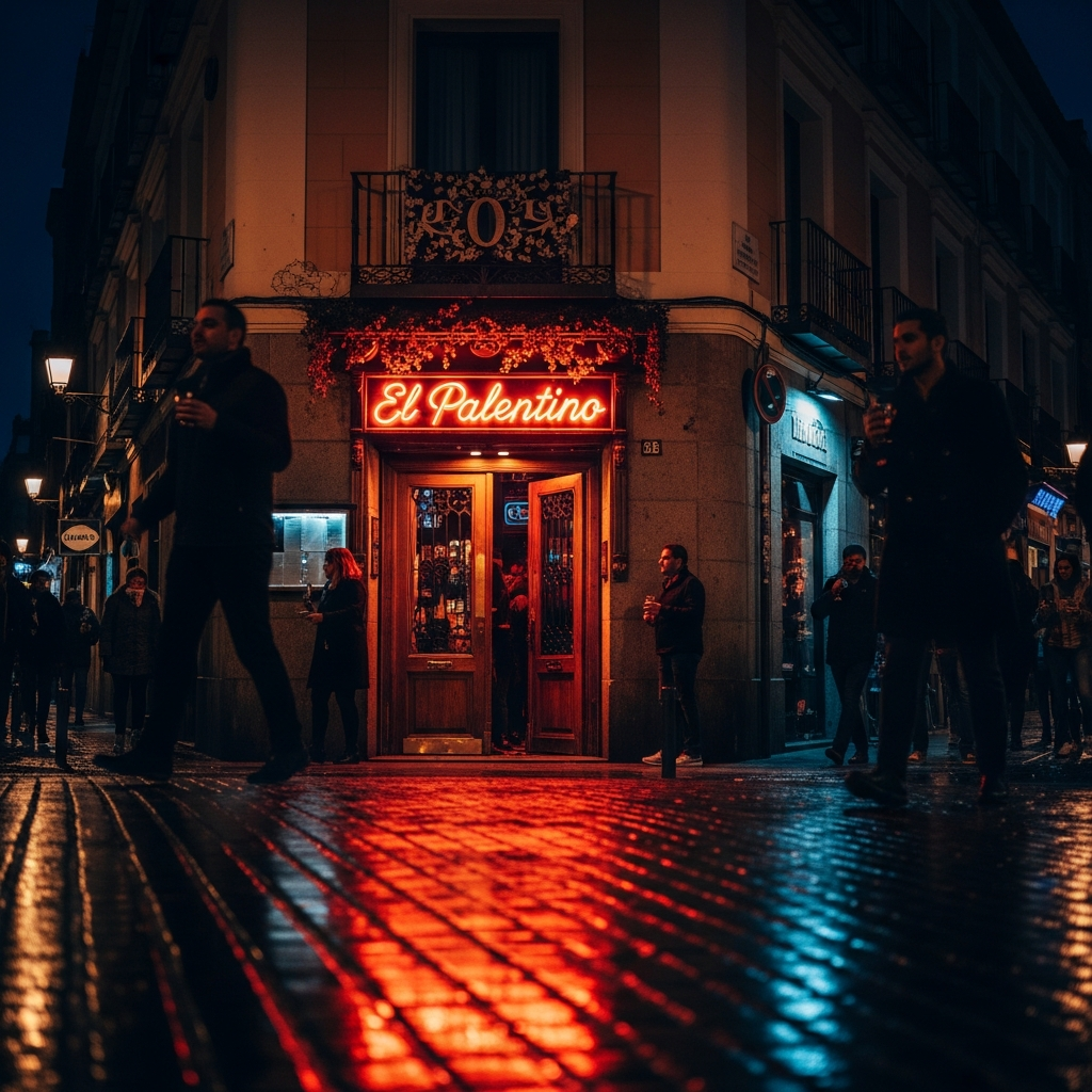 dark Madrid street at night warm neon bar sign glow Malasaña neighbourhood atmosphere inviting entrance editorial nightlife