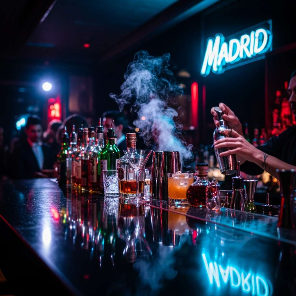 dark upscale cocktail bar interior neon lights glassware reflections moody Madrid nightlife editorial