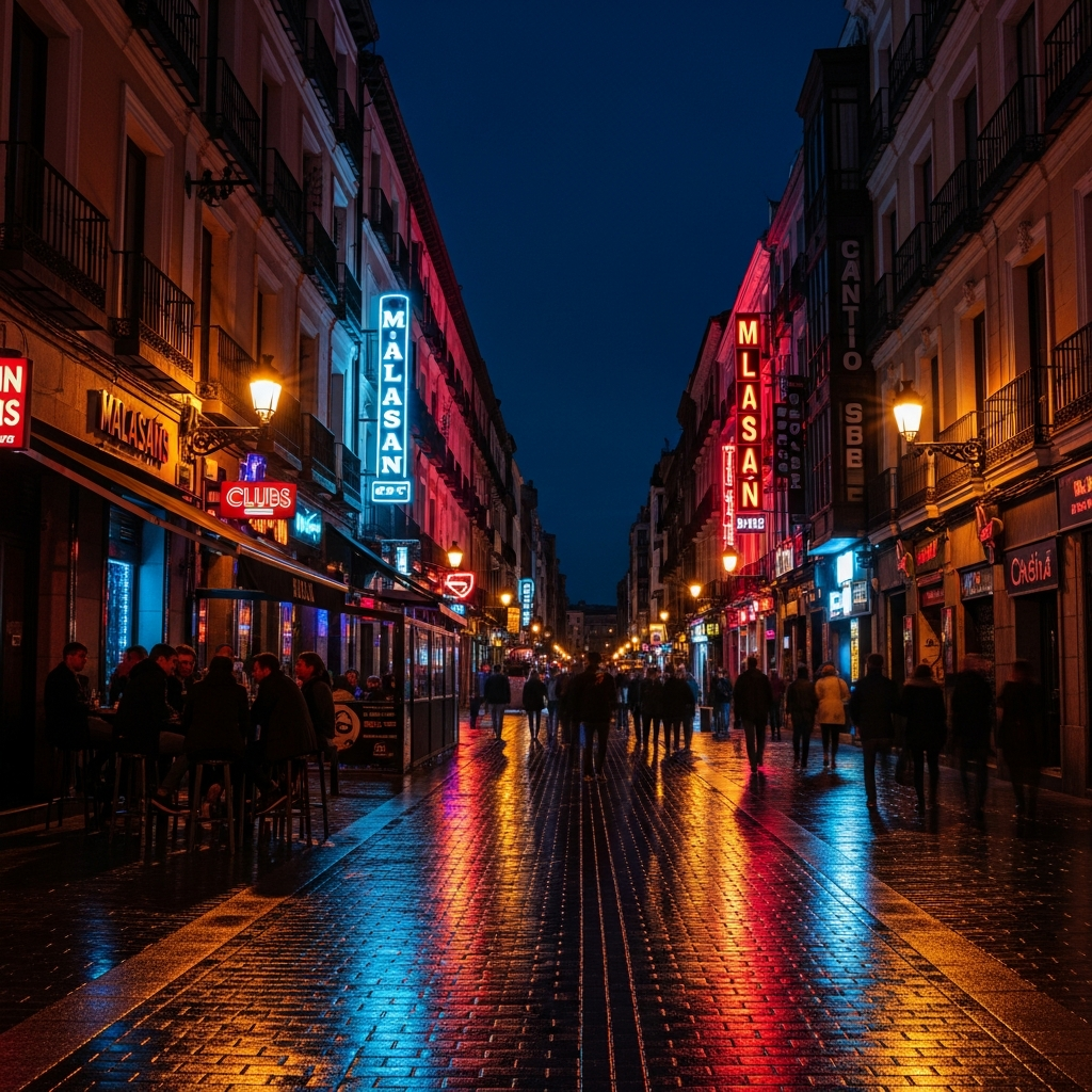 Malasaña neighbourhood Madrid street at night, warm neon glow, cobblestone, nightlife atmosphere